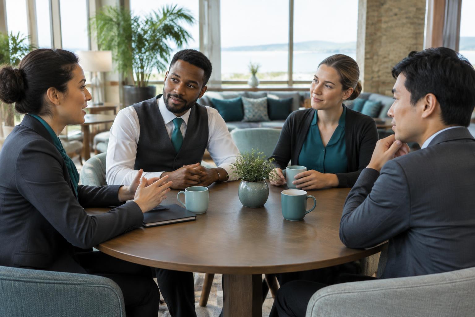 Escena ilustrativa de un equipo hotelero compartiendo una reunión de escucha