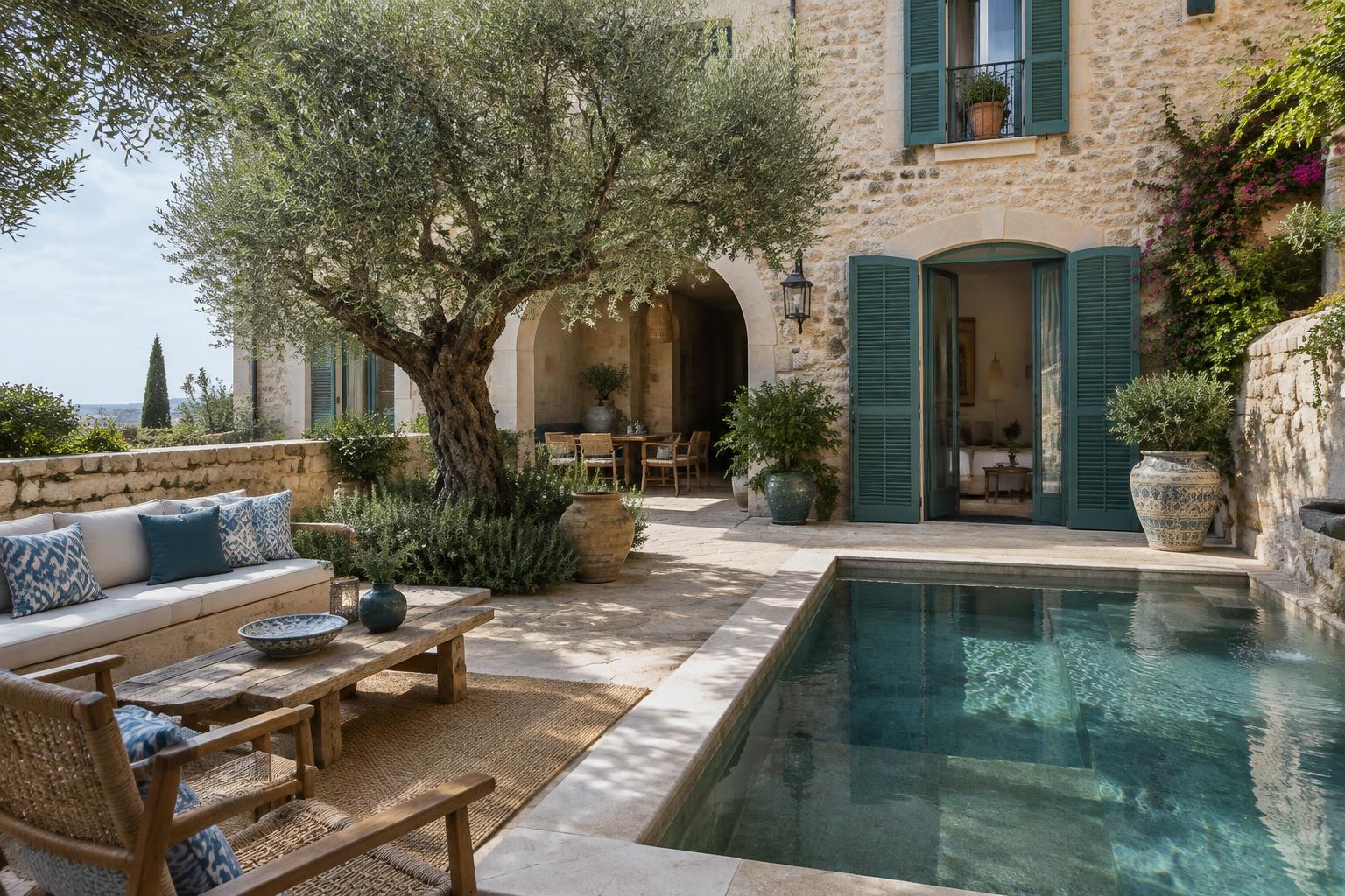 Escena ilustrativa de un patio de hotel boutique mediterráneo con identidad propia