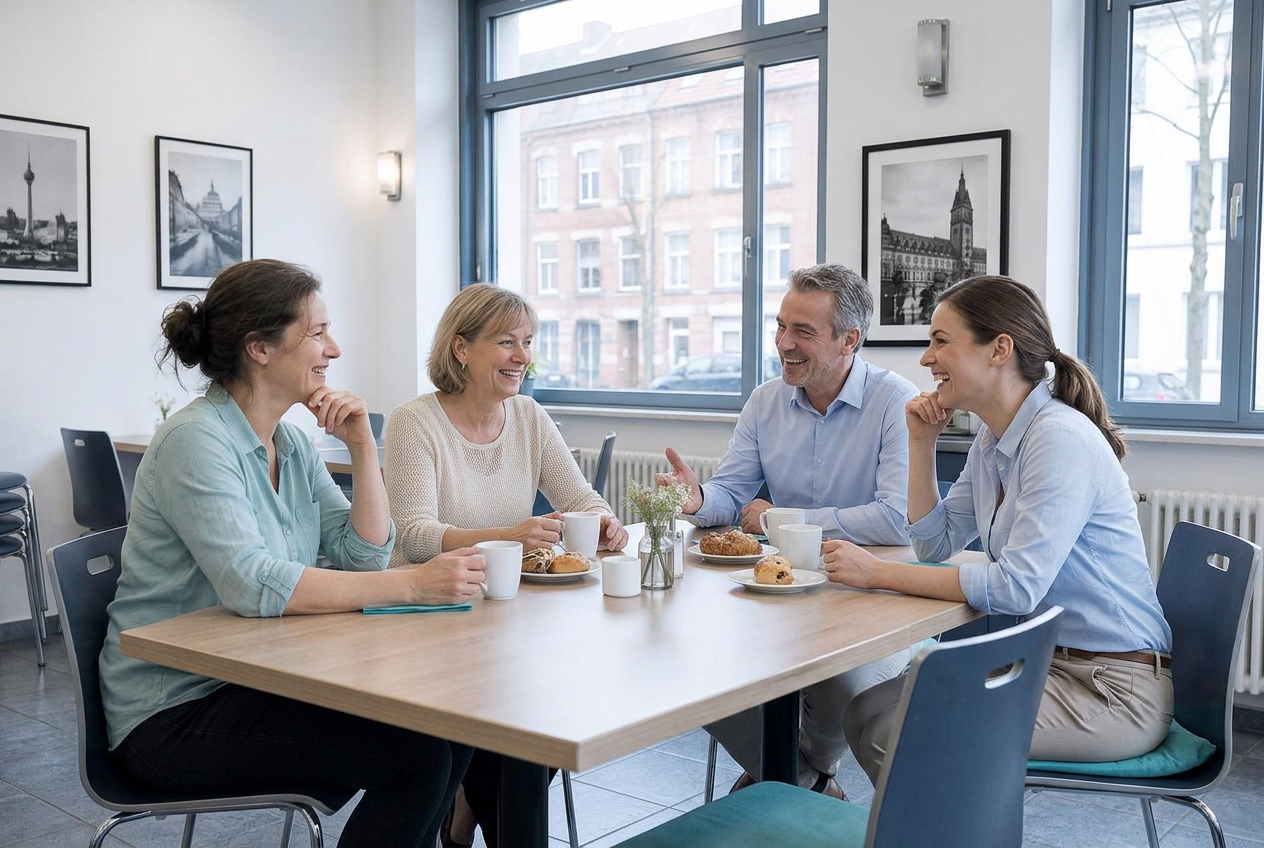 Imagen ilustrativa creada con IA: cuatro personas de un equipo hotelero conversan y sonríen en un desayunador luminoso